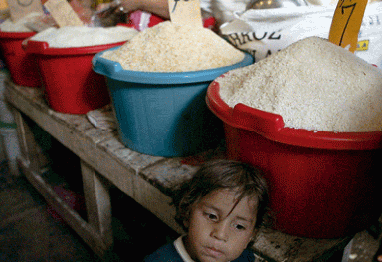 niña en un mercado vendiendo arroz