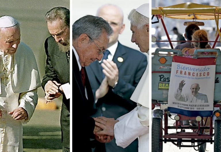 Juan Pablo II con Fidel Castro 1998, Benedicto XVI con Raúl Castro 2012, Cuba espera al papa Francisco 2015