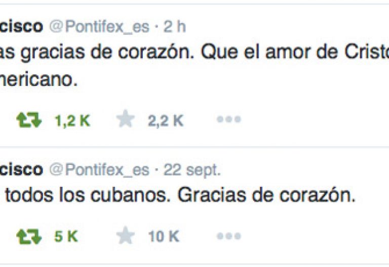Tuits publicados por el Papa en su cuenta de Twitter Pontifex_es tras el viaje a Cuba y Estados Unidos 19-28 septiembre 2015