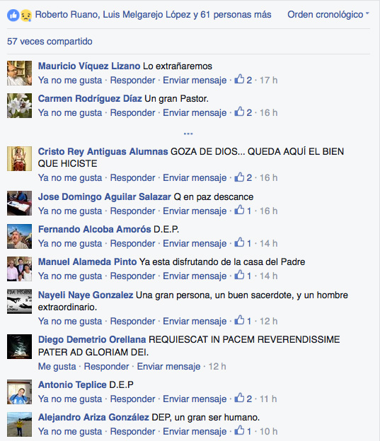 comentarios de pésame en Facebook a la noticia del fallecimiento de Alberto Iniesta