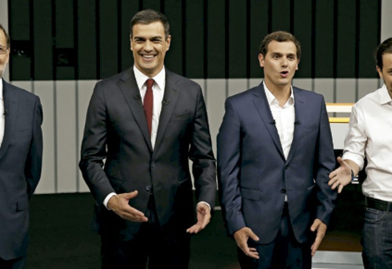 Mariano Rajoy PP, Pedro Sánchez PSOE, Albert Rivera Ciudadanos, Pablo Iglesias Podemos durante el debate para las elecciones generales 26 J 13 junio 2016