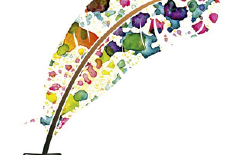 ilustración de una pluma de colores dentro de un tintero