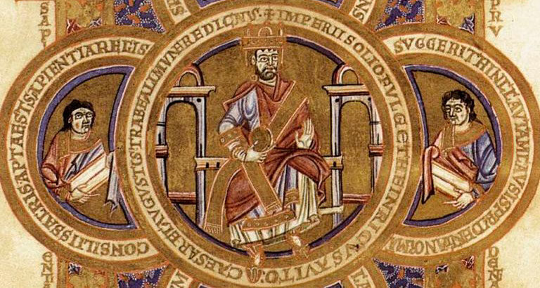 San Enrique, sentado en su trono de emperador, sosteniendo el globo terráqueo